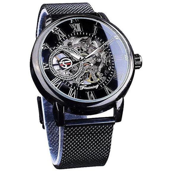 Men's Skeleton Watch Steampunk Watch Black Mechanical Watch , Black